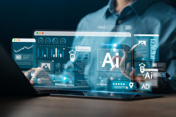 Businessman using AI technology on the screen of work to analyze data Chatbot chat with AI using AI smart robot technology. Increase work efficiency with AI solutions Chatbot helps solve work problems