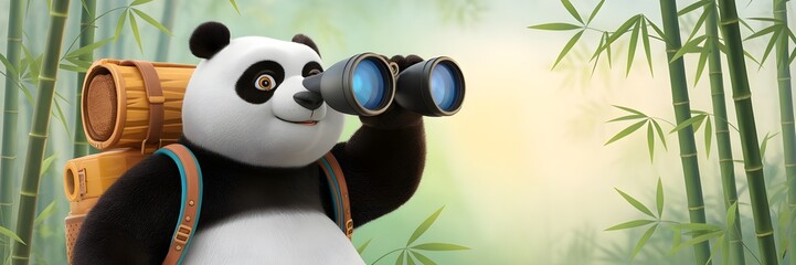 Panda on adventure observing with binoculars, nature exploration, animated, cartoon style. Green bamboos forest, sunlight background.