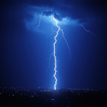 Dramatic lightning strike illuminates the night sky over a distant city skyline creating a powerful scene