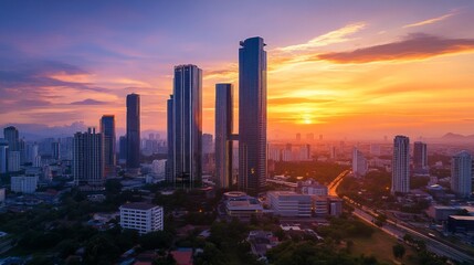 Fototapeta premium Sunset skyscraper view over cityscape urban landscape aerial photography evening vibrant atmosphere