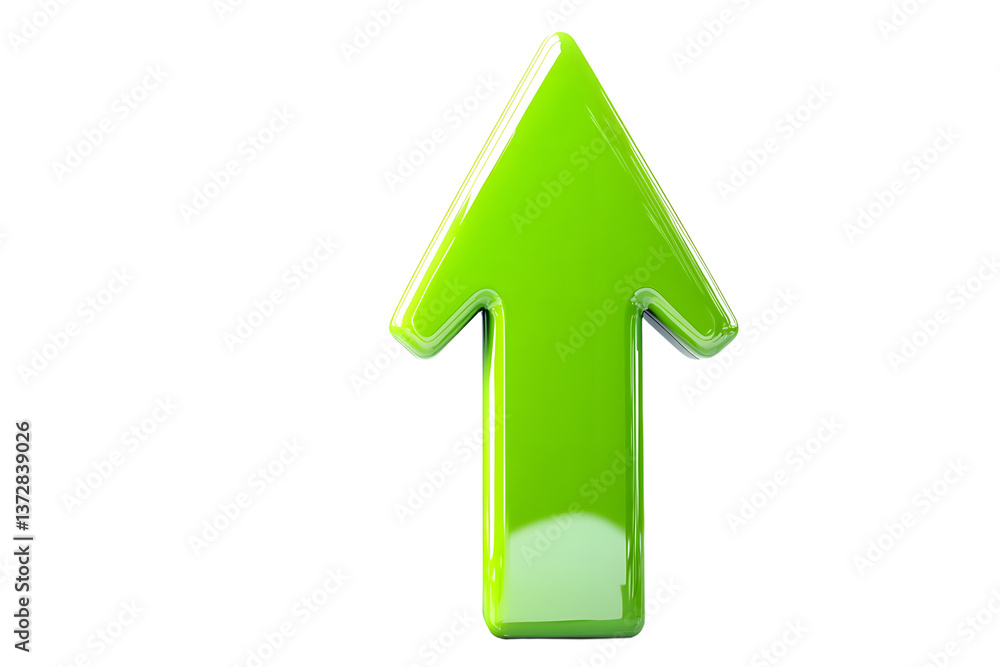 Poster glossy green arrow pointing upward, isolated on a white background. clean and simple design concept 