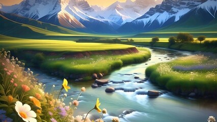 Serene Mountain Valley at Sunrise with Snow-Capped Peaks and a Tranquil River sunset over the mountains 4k HD high quality wallpaper background