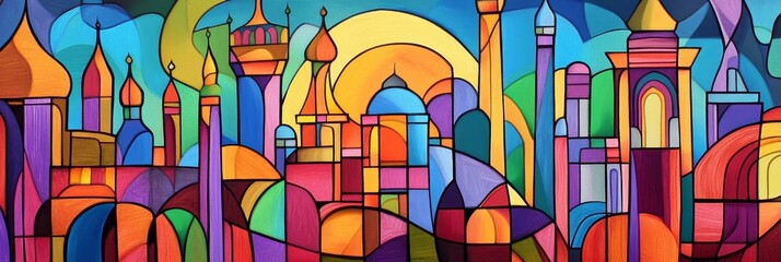 Abstract colorful cityscape with towers and domes under a yellow