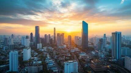 Sunset skyline over urban cityscape modern architecture aerial view vibrant atmosphere urban development