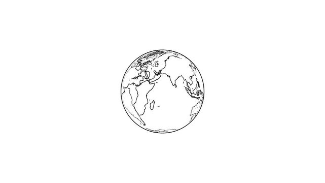 Black outline world map with globe vector icon rotating 4k animation.