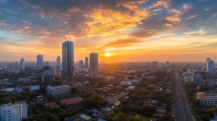 Fototapeta premium Sunset cityscape over skyscrapers urban landscape aerial view serene evening atmosphere