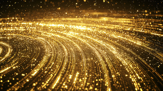 Elegant black and gold background illustrating celestial energy fields and hyperbolic energy loops creating a striking and artistic visual experience.