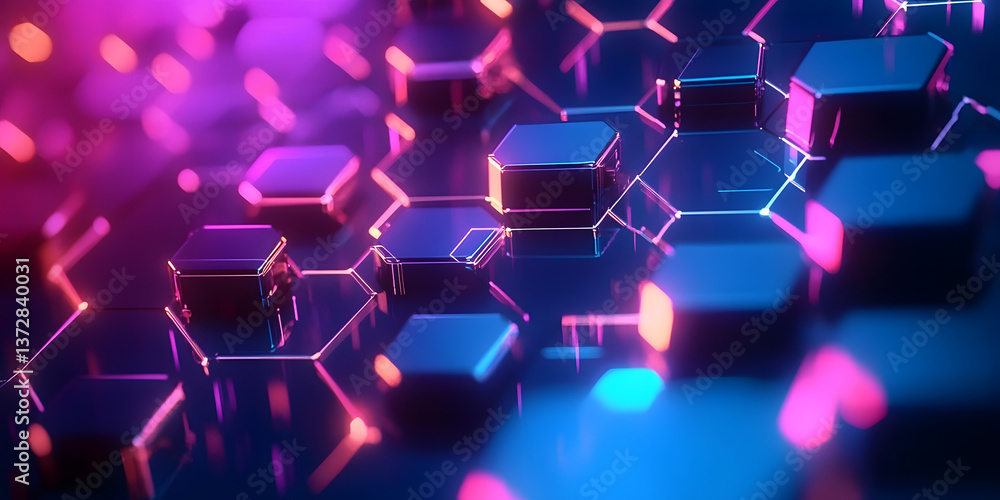 Poster futuristic hexagonal patterns illuminated with vibrant light beams creating an immersive digital exp