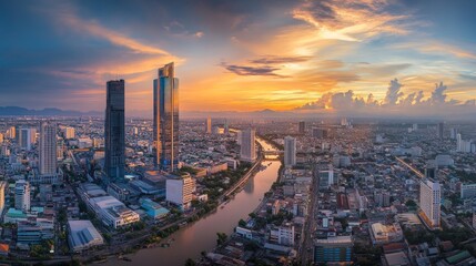 Fototapeta premium Sunset over cityscape bangkok aerial view urban environment vibrant atmosphere