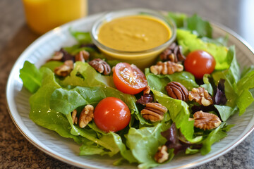 A realistic plate of mixed greens salad with roasted nuts, tomatoes, and a honey mustard dressing, illuminated by soft daylight.