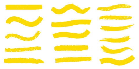 Obraz premium Yellow vector marker graphic stylish element. Highlighting and underlining text. Brush lines. Hand drawn marker strokes. Stripes of text markers. Watercolor hand drawn highlight set. Brush paint strok