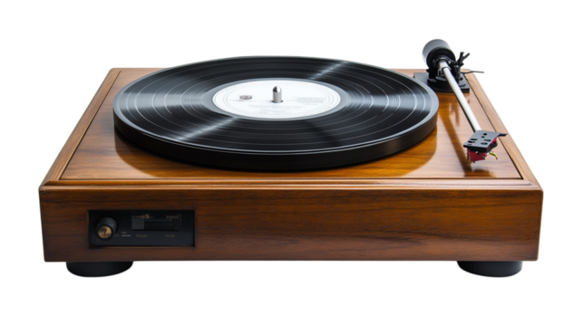 A vinyl record player with wooden finish, isolated on white background --ar 16:9