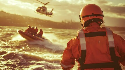 Heroic Rescue at Sea: A courageous rescue worker stands at the ready, surveying the scene where a helicopter hovers, and a speedboat navigates the waves, all in pursuit of a critical operation.