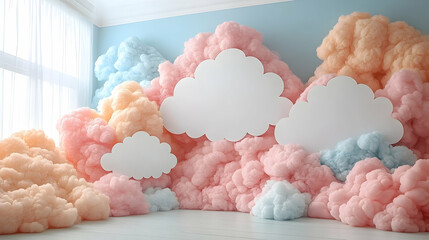 Ethereal room with pastel clouds fluffy textures and white cloud cutouts against a light blue wall Soft lighting crea