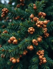Dark green fir branches laden with small brown cones, close-up, botanical, fir