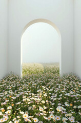 Naklejka premium Surreal scene with walls and arched doorway leading into a field of wildflowers creating a natural, meadow-like landscape within the architectural space