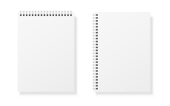 Notebook mockup set. White copybook blank. Realistic notepad with soft shadow. Simple diary template on white background. Spiral organizer isolated. Vector illustration.