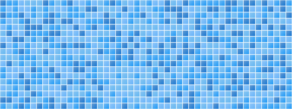 Blue tiles pattern. Classic seamless mosaic. Square swimming pool texture. Simple bathroom background. Wall or floor design template. Ceramic surface concept. Vector illustration.