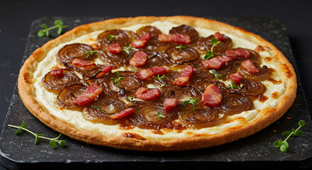 Exquisite Alsatian tarte flamb?e with caramelized onions and crispy bacon delight