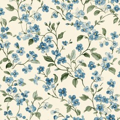 Vintage forget-me-not floral wallpaper pattern in soft blue and cream tones for classic decor Generative AI