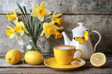 Charming coffee scene featuring a yellow cup, lemon, daffodils, and a butterfly on a wooden table