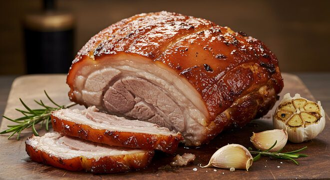 Juicy roast pork shoulder with crispy skin served with garlic cloves and rosemary