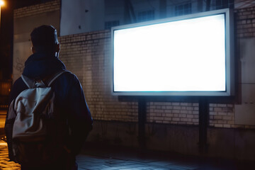 Blank billboard in the city. Man looking at an outdoor advertising poster. Public information panel on the street. Commercial campaign for products or services for men. OOH Mockup lit up at night
