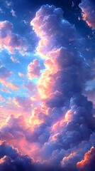 Ethereal sky with fluffy pink orange and purple clouds under a blue sky with tiny stars scattered around