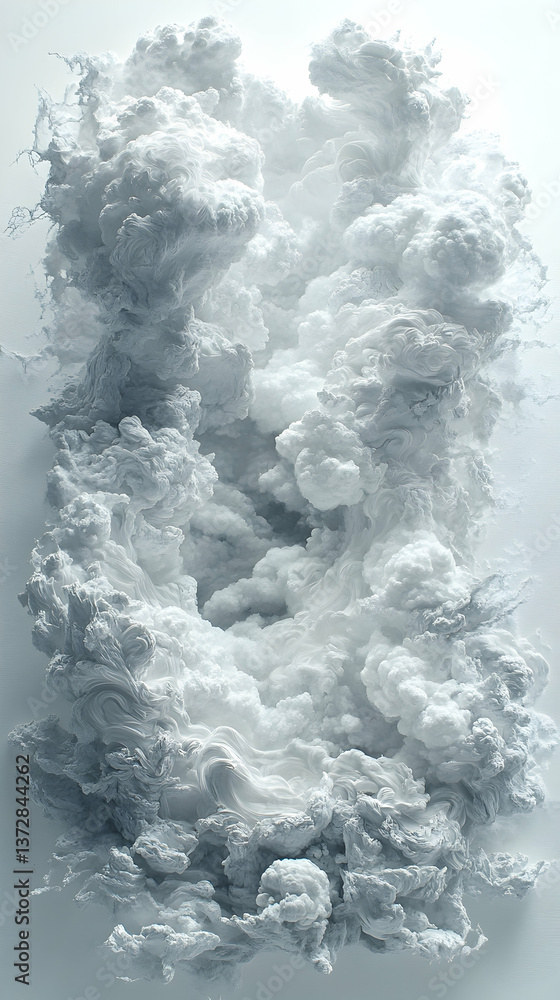Poster ethereal white clouds form a dramatic vertical vortex against a light background filled with swirls 