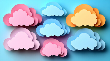 Obraz premium Colorful paper clouds on a pastel background Soft shades of pink blue and yellow create a whimsical layered 3D effe