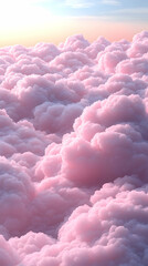 A sea of fluffy pink clouds fills the sky with pastel hues blending into a soft light against a faint blue sky backdro