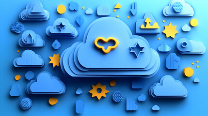 Layered blue clouds interspersed with gold stars circles and abstract shapes on a bright blue background create a play