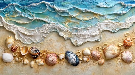Textured artwork shows waves washing onto a sandy beach with
