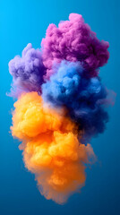 Colorful plumes of purple blue and yellow swirls dance on a solid blue backdrop creating a vibrant ethereal atmosphe