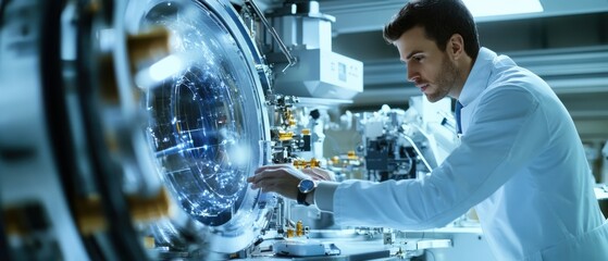 An aerospace engineer inspecting a satellite prototype, high-tech laboratory with futuristic equipment, High-tech style