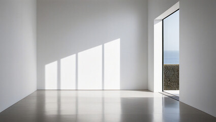 Minimalist interior sunlight shadows modern room with copy space