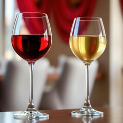 Two wine glasses, one red, one white, side by side on a table, sommelier, liquid, rich