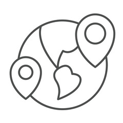 Planet earth with two location pins thin line icon, remote work concept. Vector graphics. World globe and geolocations sign on white background, outline style icon for mobile or web design.