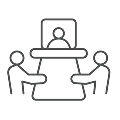 Fototapeta premium Team conference with online user thin line icon, remote work concept. Vector graphics. Online meeting of people sign on white background, outline style icon for mobile or web design.