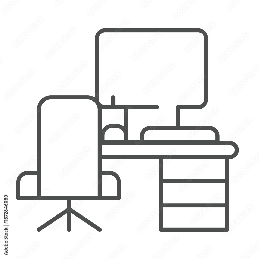 Poster desk with chair and desktop thin line icon, remote work concept. vector graphics. personal workplace