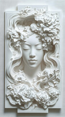 Fototapeta premium A serene face with closed eyes sculpted in white is surrounded by flowing hair and delicate detailed floral arrangeme