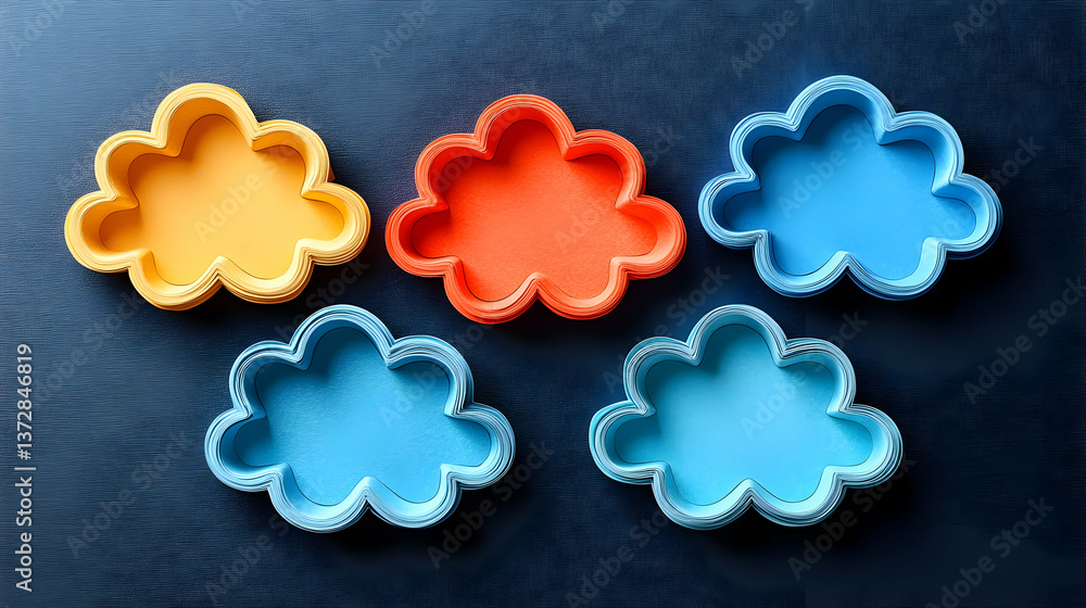 Aufkleber five layered paper clouds hues of yellow red and blue are arranged on a dark surface adding dimensio