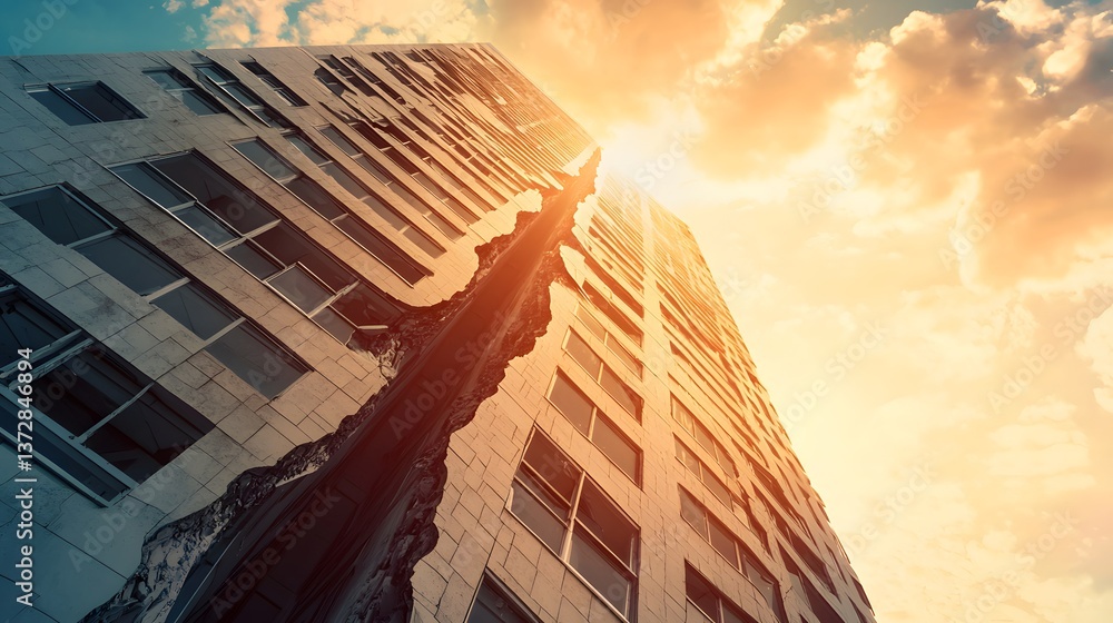 Poster skyward ascent: the image captures a towering building, its facade marked with intricate architectur