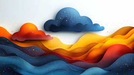 Abstract landscape art with layered textured hills cloud-shaped elements and scattered dots against a white backgroun