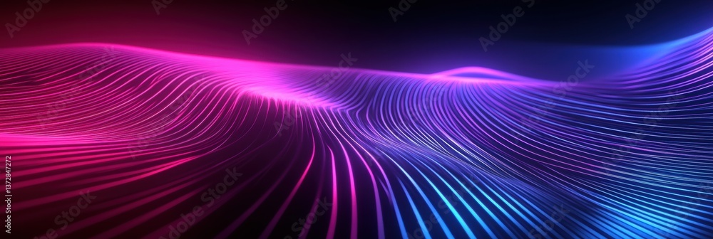 Poster Futuristic dynamic background with neon lines curving in dark abstract space showcasing elegant minimalism