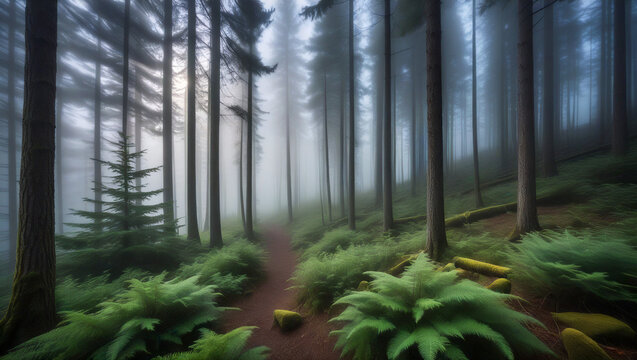 Misty forest pine trees ferns and morning path in fog - Powered by Adobe