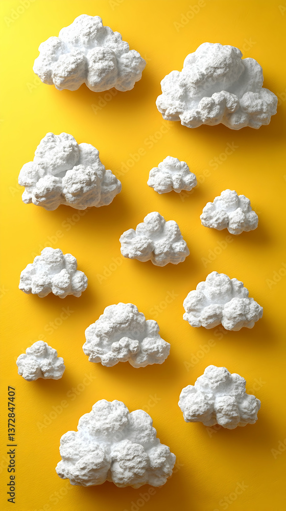 Poster floating fluffy white clouds on a yellow backdrop casting soft shadows dreamy sky concept with vario