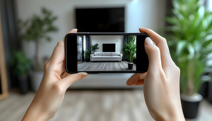 Close Up of Hands Holding a Smartphone Photographing Modern Living Room Interior with White Sofa and Black Television Surrounded by Green Plants