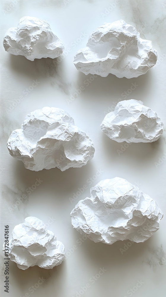 Aufkleber floating paper clouds against a textured white backdrop create a serene minimalist atmosphere castin