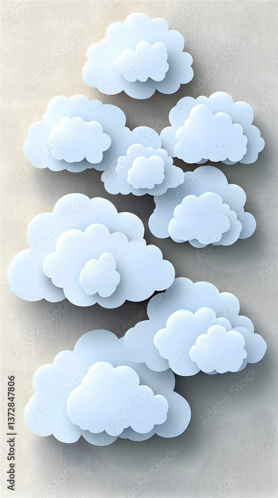 Aufkleber floating white clouds in a vertical arrangement creating a dreamy peaceful atmosphere against a text